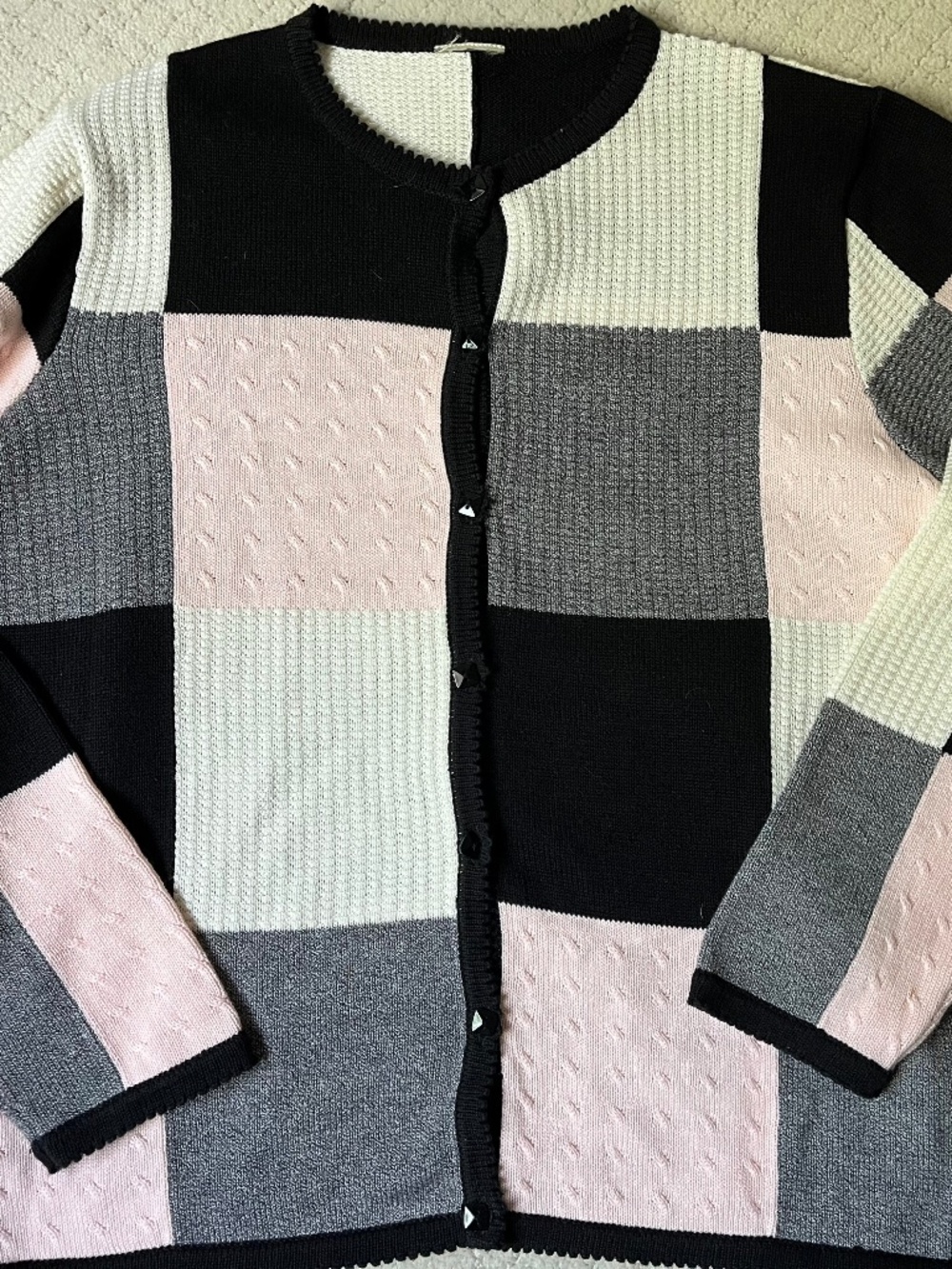Vintage patchwork Colorblock Knit Sweater Pink Black Gray Studded Trim Sz L